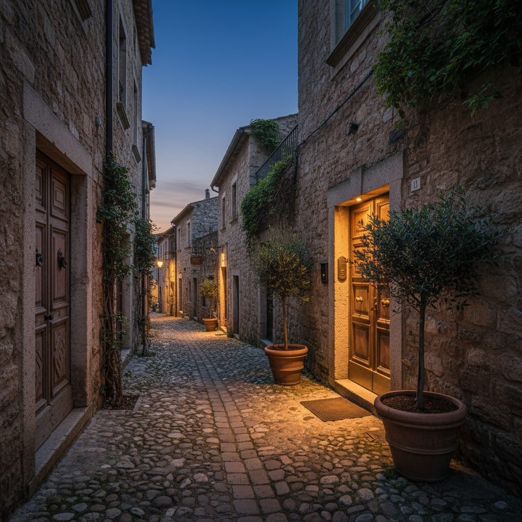 A narrow cobblestone alley in an old town, lined with weathered stone walls and ornately carved wooden doors, each with distinct patina and character. A small boutique hotel entrance is marked only by warm light spilling from within, illuminating potted olive trees and a brass door handle. Twilight blue hour casts a gentle coolness over the sky while golden interior light pools onto the street, creating a rich contrast. Photographic style, eye-level composition leading the viewer’s eye down the alley with strong depth and crisp detail. The mood is intimate, romantic, and slightly mysterious, ideal for a story about hidden stays and under-the-radar neighborhoods.
