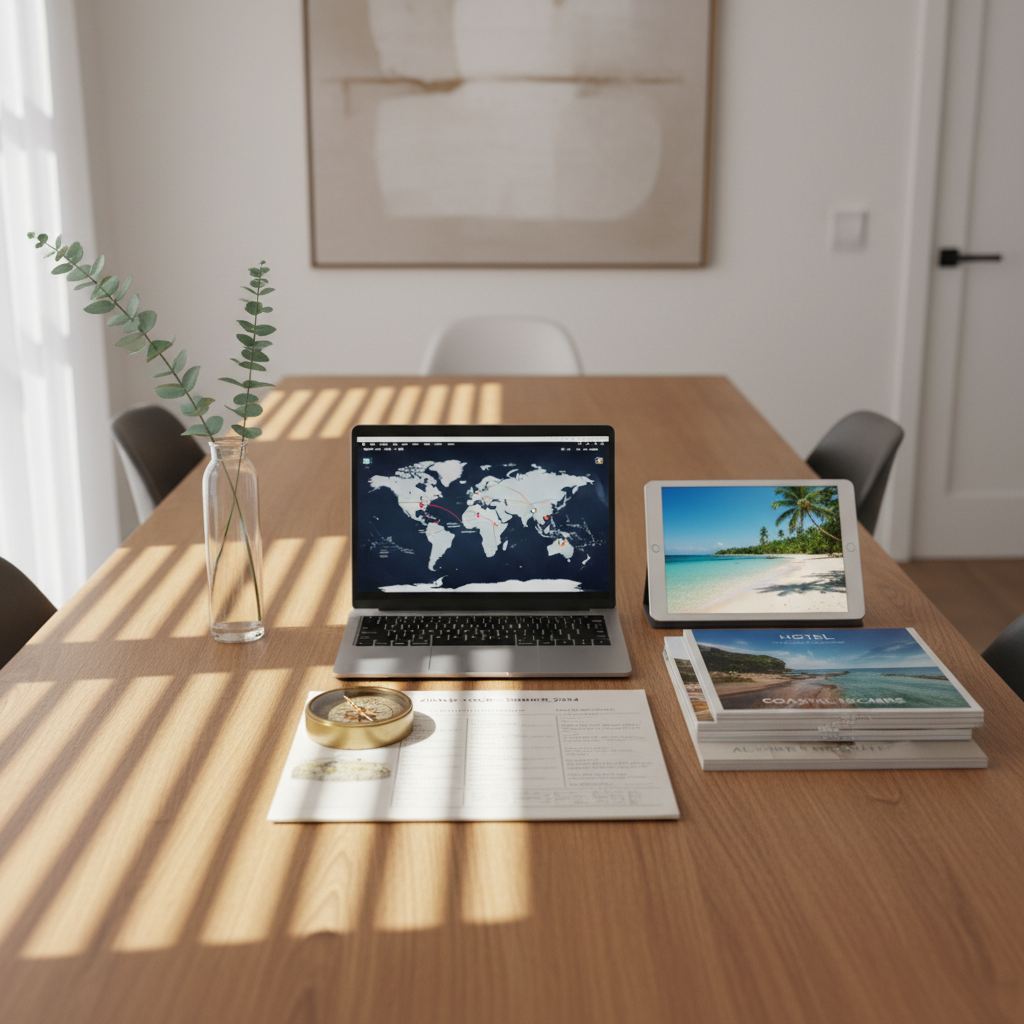 A long wooden table in a minimalist home office, covered with a carefully arranged collection of travel planning essentials: a slim silver laptop displaying a map, a tablet showing a beach destination photo, a stack of glossy hotel brochures, and a vintage compass placed atop a detailed paper itinerary. A slim vase with a single eucalyptus stem adds a touch of calm greenery. Bright morning light streams through an unseen window, creating clean, linear shadows and subtle reflections on the laptop surface. Photographic realism, shot from a slightly elevated angle with the table stretching into the distance for a sense of depth. The mood is organized, aspirational, and quietly luxurious, capturing the sophisticated planning behind every getaway guide.
