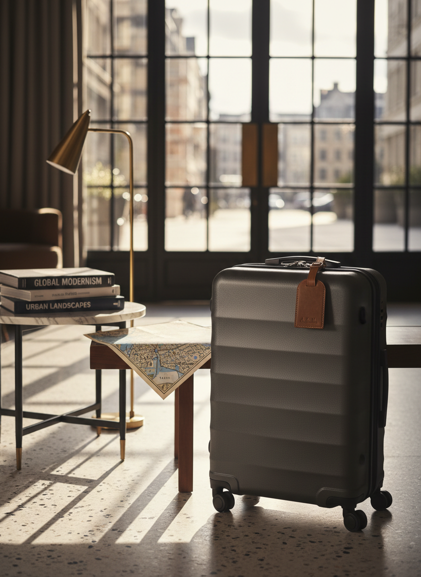 A sleek carry-on suitcase with a textured matte charcoal shell and leather luggage tag, standing beside a neatly folded city map on a low wooden bench in a boutique hotel lobby. Surrounding it are architectural travel books stacked on a side table and a minimalist brass floor lamp. Late-afternoon natural light filters through tall glass doors, casting elongated shadows across terrazzo flooring. Photographic realism, eye-level composition with the suitcase on the right third of the frame and the lobby softly blurred behind, suggesting movement and anticipation. The mood is sophisticated and aspirational, evoking the start of a carefully planned getaway and the promise of stories, itineraries, and refined hotel stays ahead.