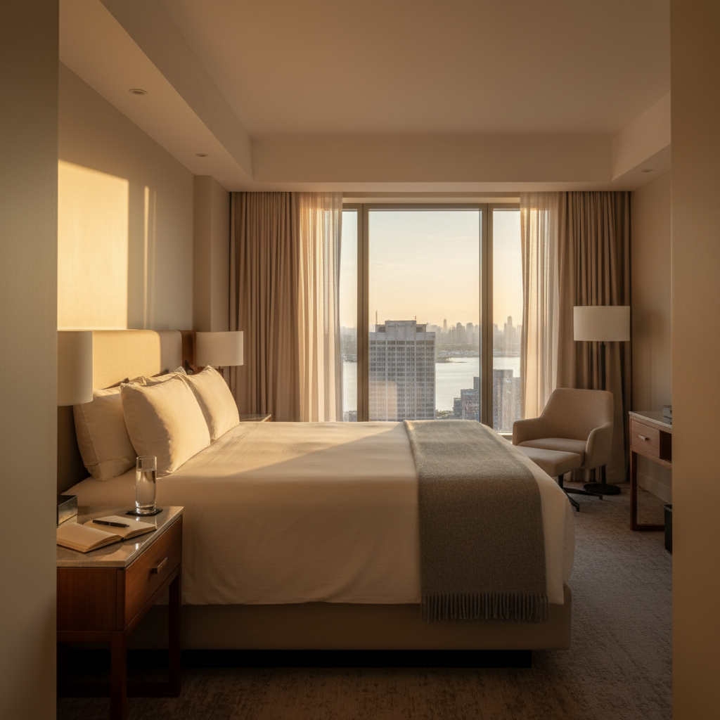 A spacious hotel room with a king bed dressed in crisp white linens and a dove-gray cashmere throw folded at the foot, facing floor-to-ceiling windows that reveal a distant skyline and glimmering water. On a walnut bedside table, an open notebook with a pen rests beside a small glass of sparkling water and a key card. Golden hour light floods the room, creating warm highlights on the headboard and gentle shadows in the draped curtains. Photographic, wide-angle shot from the doorway, capturing the full room in sharp detail. The atmosphere is calm, luxurious, and honest, ideal for a sophisticated hotel review that balances comfort, design, and a sense of place.