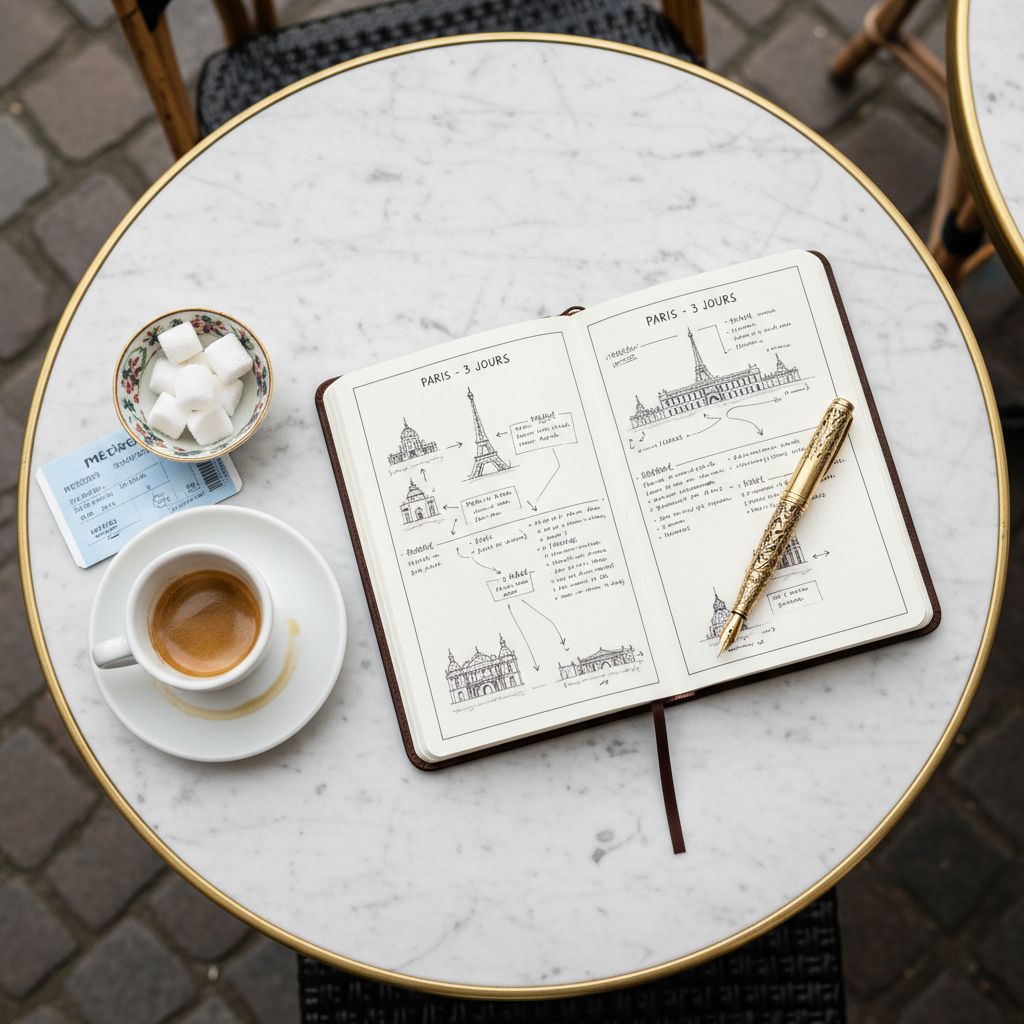An overhead view of a marble-topped café table on a European sidewalk, holding a slim leather-bound travel journal opened to a hand-sketched itinerary, with a vintage brass fountain pen resting diagonally across the page. Next to it, a porcelain espresso cup on a saucer leaves a faint ring, while a folded metro ticket and small dish of sugar cubes frame the scene. Soft overcast light creates even, flattering illumination with minimal shadows, enhancing textures without harsh contrast. Photographic realism with a flat-lay composition and subtle background blur of cobblestones and café chairs. The mood is reflective and thoughtfully curated, perfect for illustrating practical, elegant city itineraries.